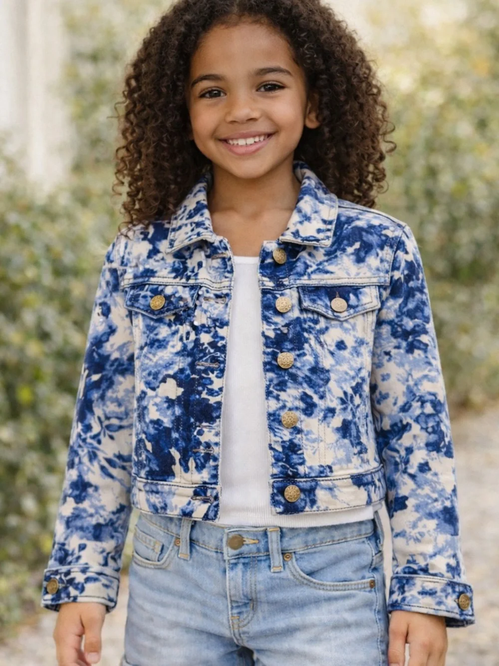 Children’s Place Blue Floral Denim Jacket Girls M 7/8 Cropped Cotton NWOT
